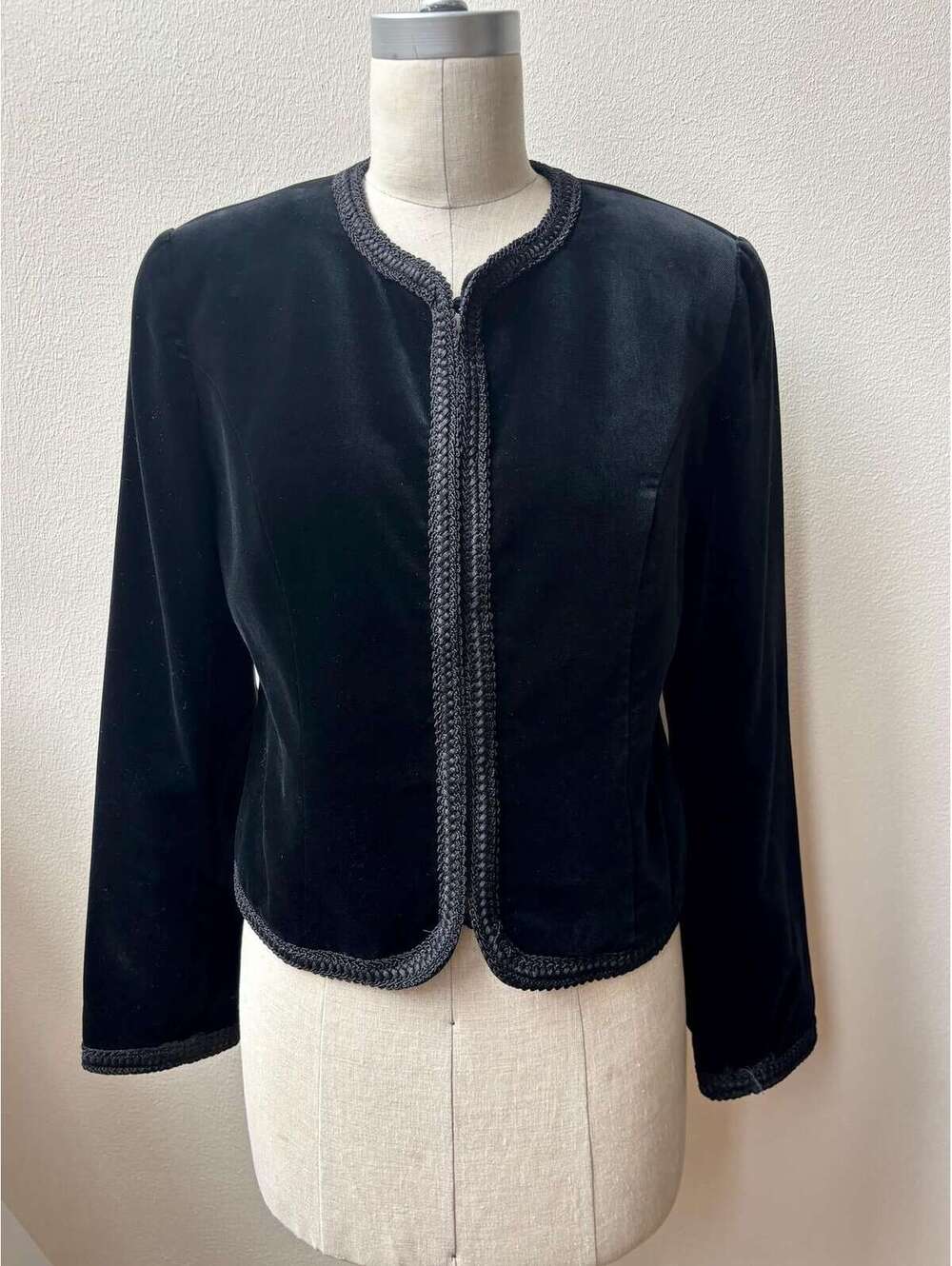 Vintage 1980s Laura Ashley Black Velvet Cropped Collarless Jacket